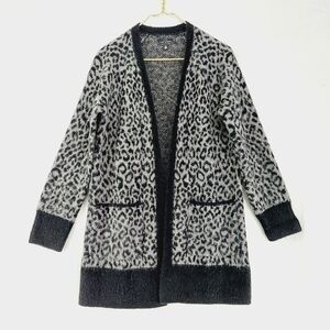 Lucky Brand Gray Black Leopard Cheetah Wool Long Open Sweater Cardigan P7026